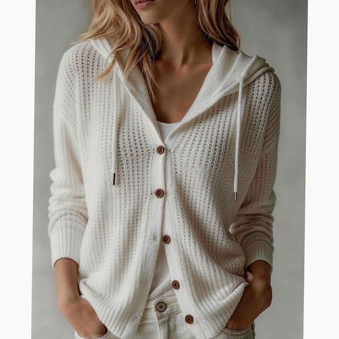 Cárdigan de punto gofre con capucha para mujer. Abrigo de otoño/invierno con botones, estilo moderno y ligero.
