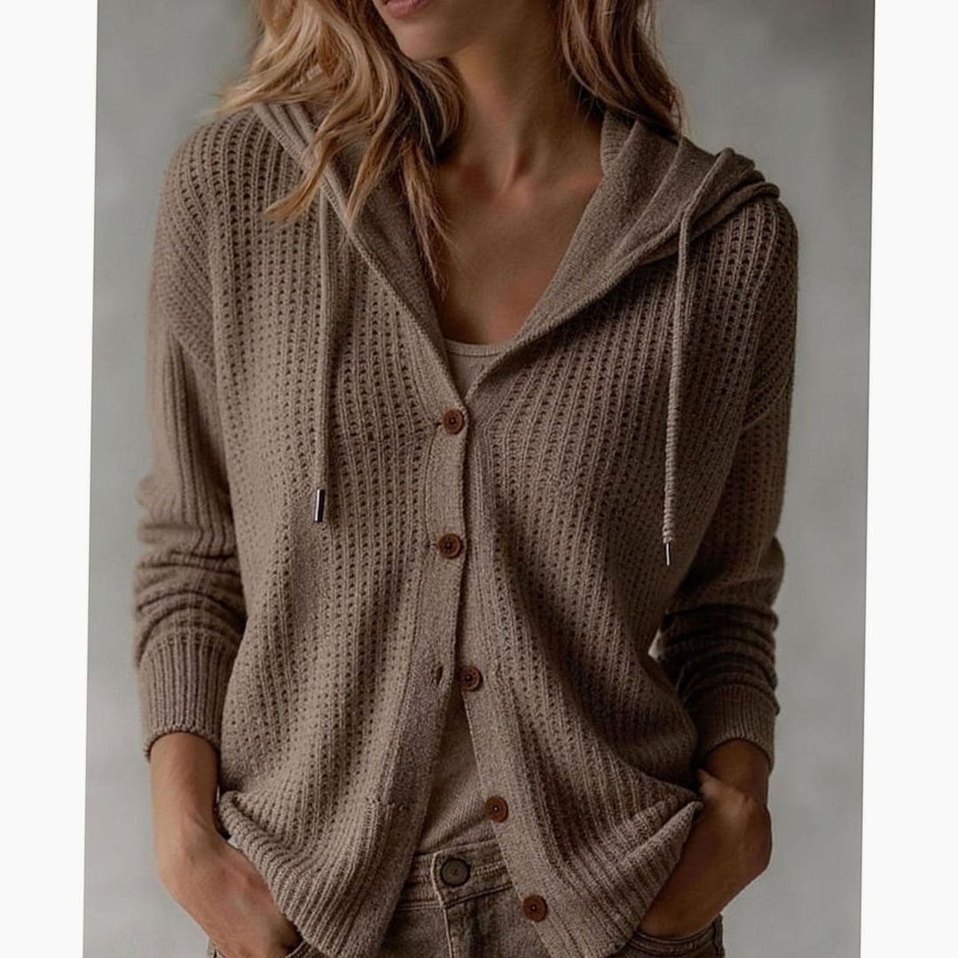 Abrigo ligero de mujer: cárdigan de punto gofre con capucha. Diseño casual, botones y perfecto para el frío.