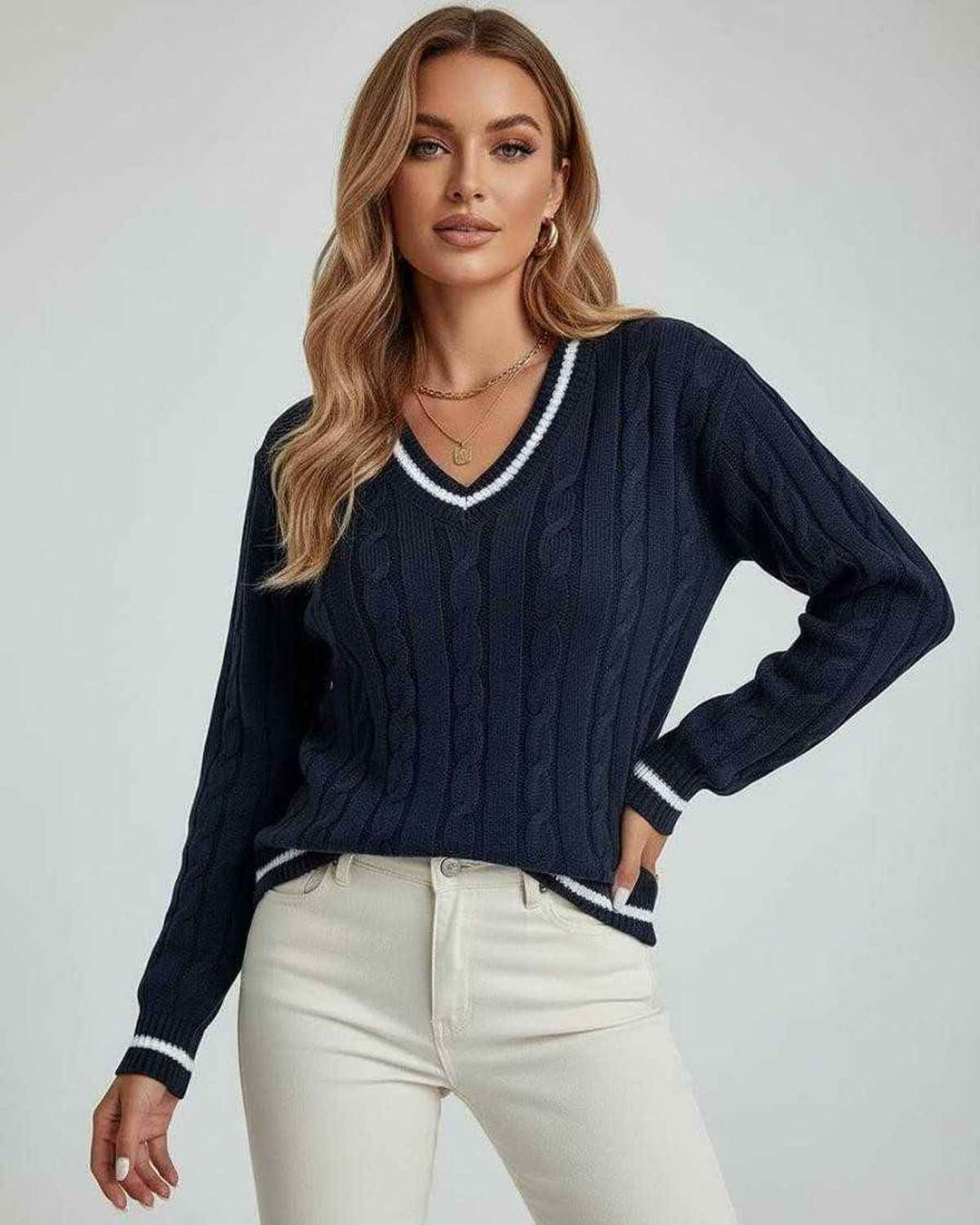 Suéter para mujer de punto trenzado blanco con cuello en V, manga larga. Estilo casual elegante atemporal.