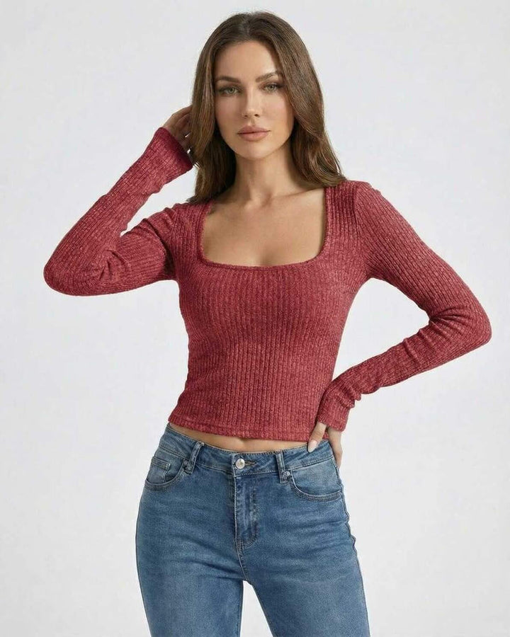 Suéter de mujer rojo, manga larga con cuello en U. Prenda cómoda y elegante para el frío de otoño e invierno.