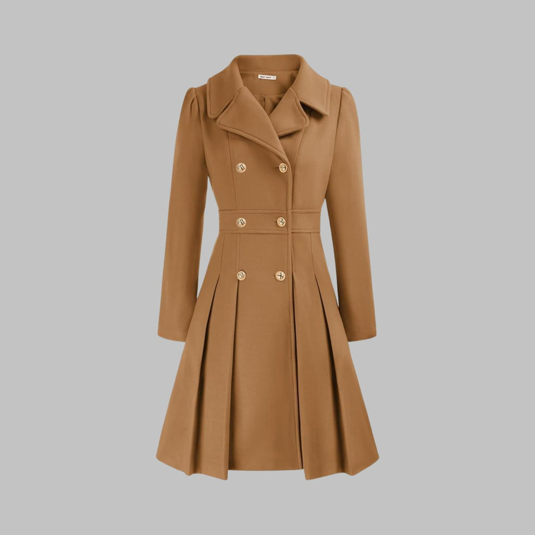 Abrigo largo mujer corte A para invierno. Tejido cálido y diseño elegante con botones dorados.