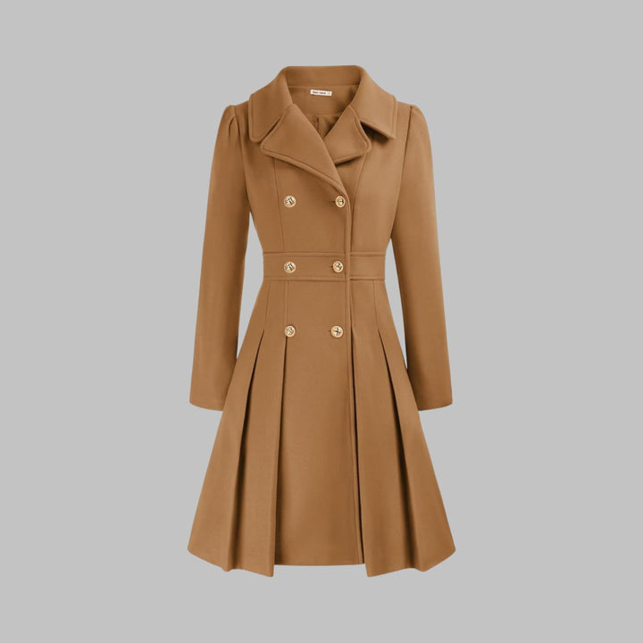 Abrigo largo mujer corte A para invierno. Tejido cálido y diseño elegante con botones dorados.