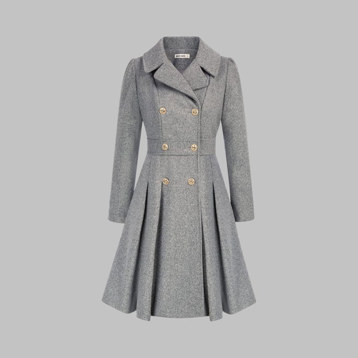 Vista trasera de abrigo largo mujer corte A. Caída fluida y elegante, estilo clásico.
