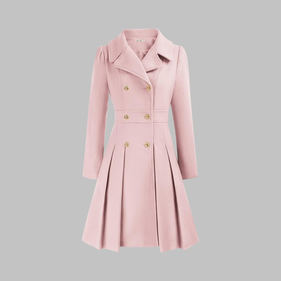 Perfil de chaqueta larga mujer corte A. Silueta estilizada y elegante con botones dorados.