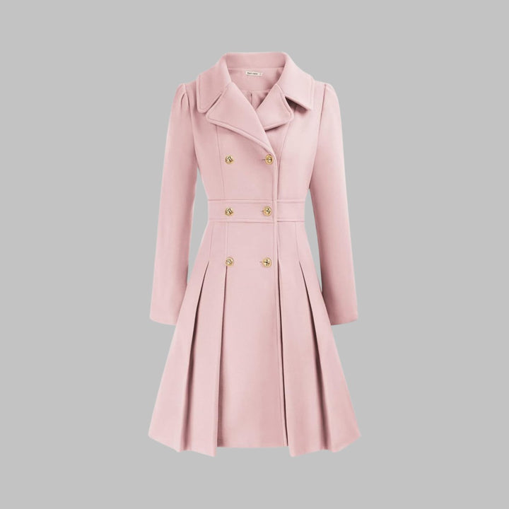 Perfil de chaqueta larga mujer corte A. Silueta estilizada y elegante con botones dorados.