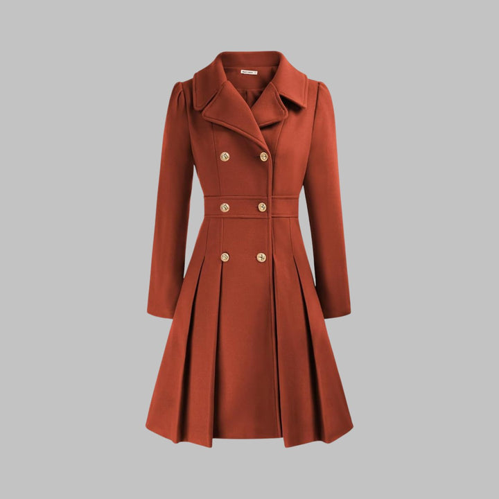 Abrigo largo mujer corte A con botones dorados. Ideal para invierno y moda femenina.