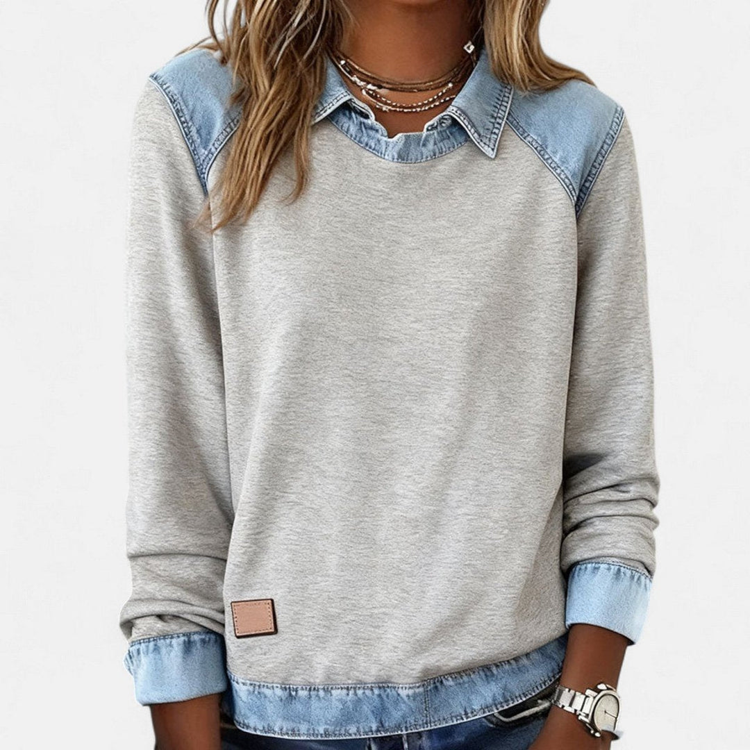 Suéter Isabella suave, manga larga, cuello contrastante, ropa cómoda y chic para mujer.
