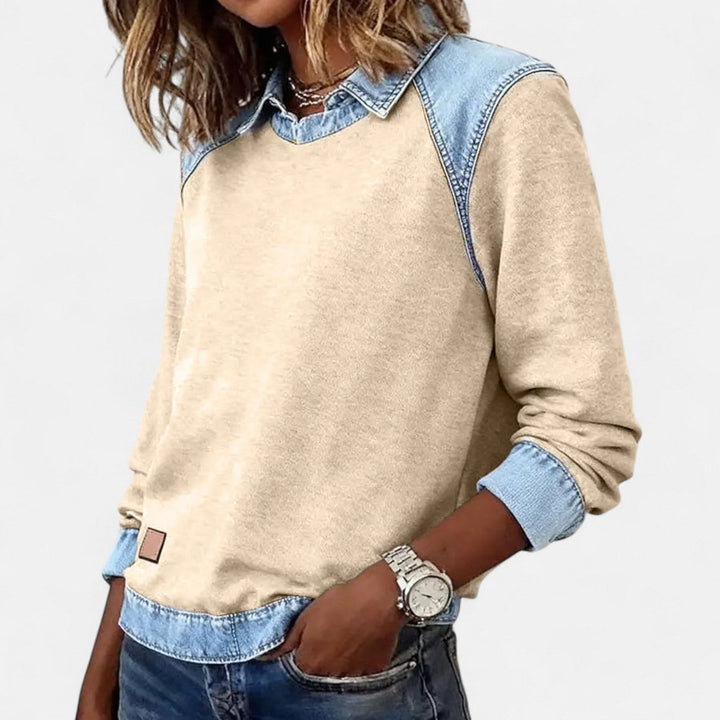 Suéter casual Isabella mujer, manga larga, cuello contrastante, ideal para el día a día.