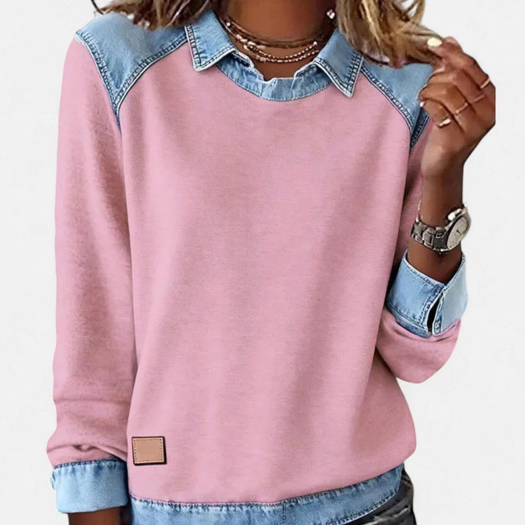 Suéter de mujer Isabella con cuello contrastante, manga larga, look casual y moderno para el otoño.