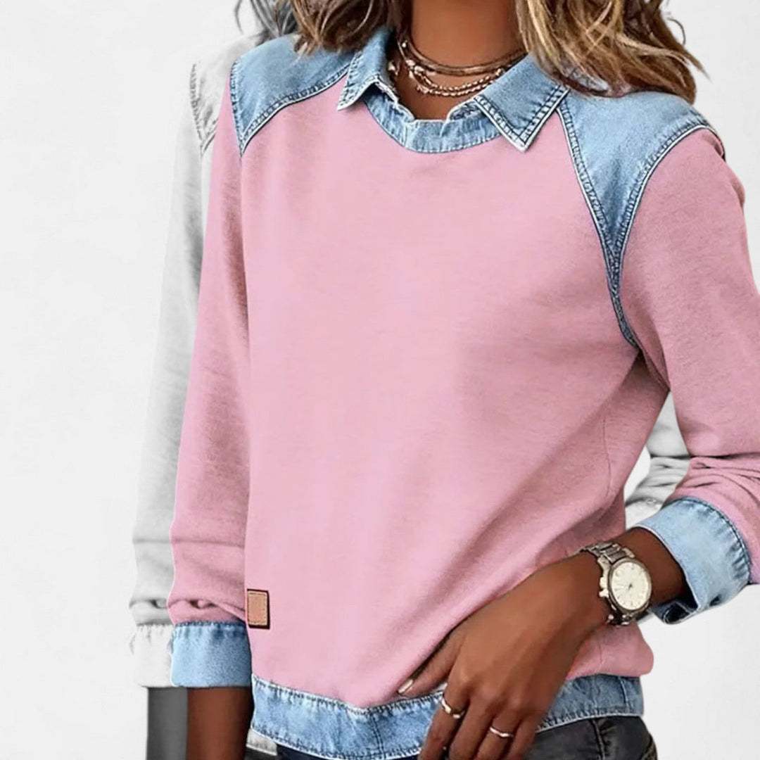 Suéter Isabella elegante y cómodo, manga larga, cuello moderno contrastante, moda femenina.