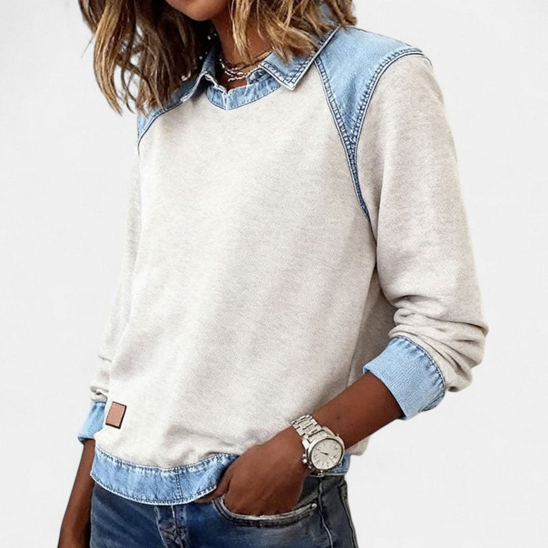 Suéter Isabella para mujer, manga larga, cuello moderno contrastante, estilo casual.