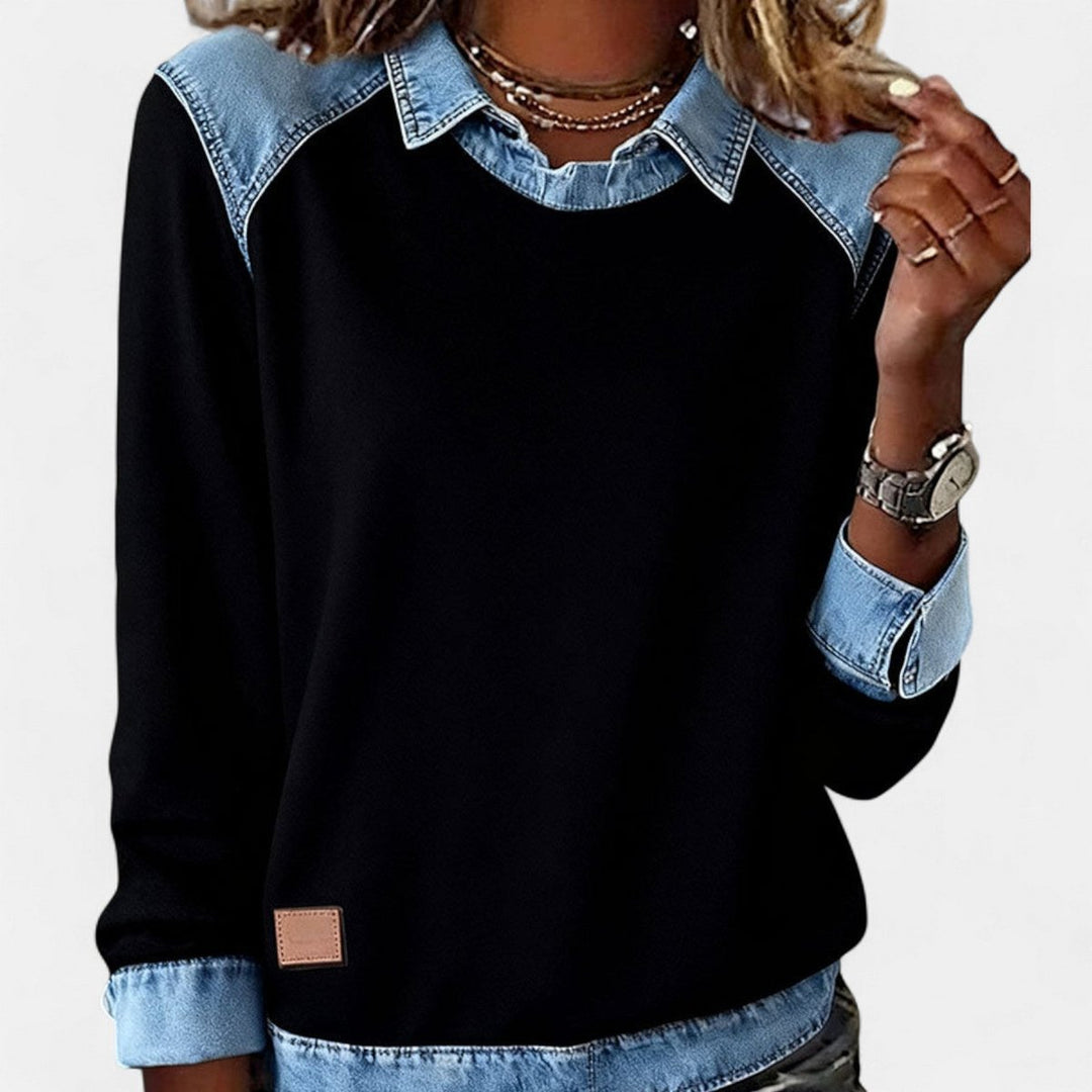 Suéter Isabella femenino, manga larga, cuello moderno contrastante, cómodo, versátil y elegante.