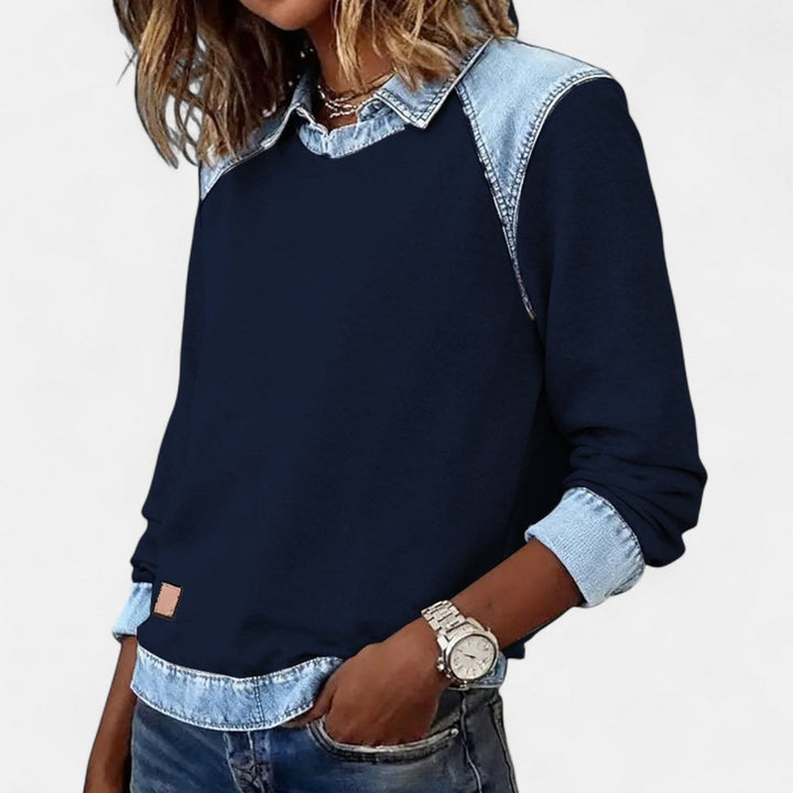 Suéter versátil Isabella mujer, cuello contrastante, perfecto para ocasiones casuales y semiformales.