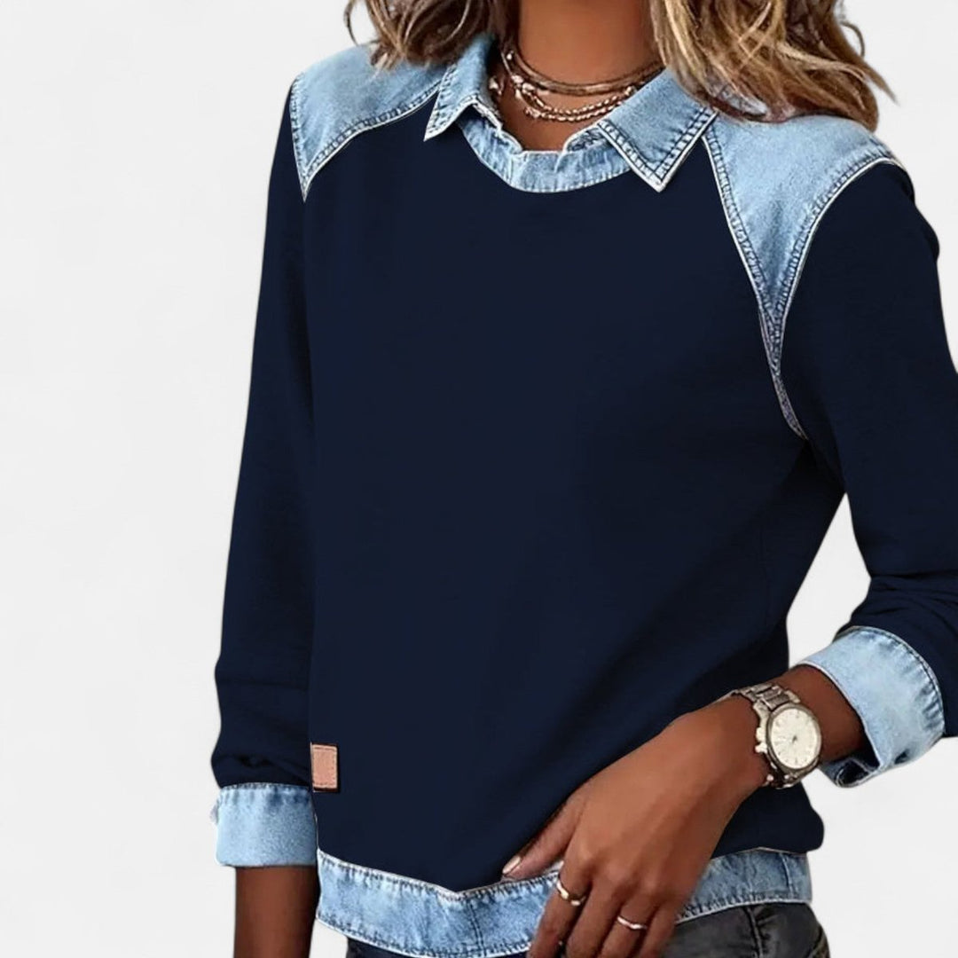 Suéter Isabella elegante mujer, cuello contrastante, manga larga, ropa versátil y sofisticada.