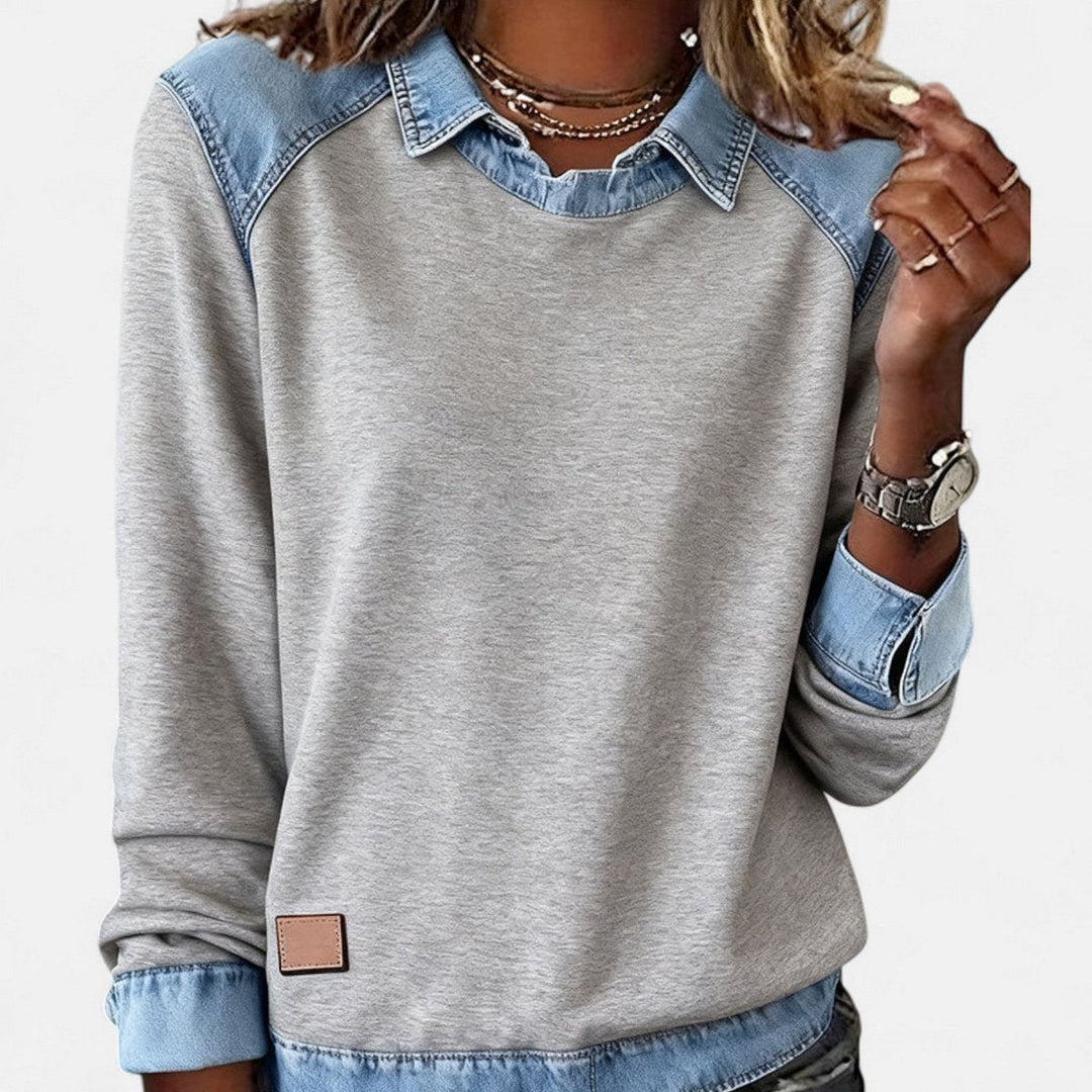 Suéter Isabella cómodo y chic, cuello moderno contrastante, manga larga para mujer, moda versátil.