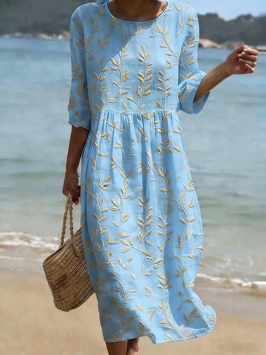 Vestido midi azul bordado con hojas para mujer, estilo elegante de verano y casual.