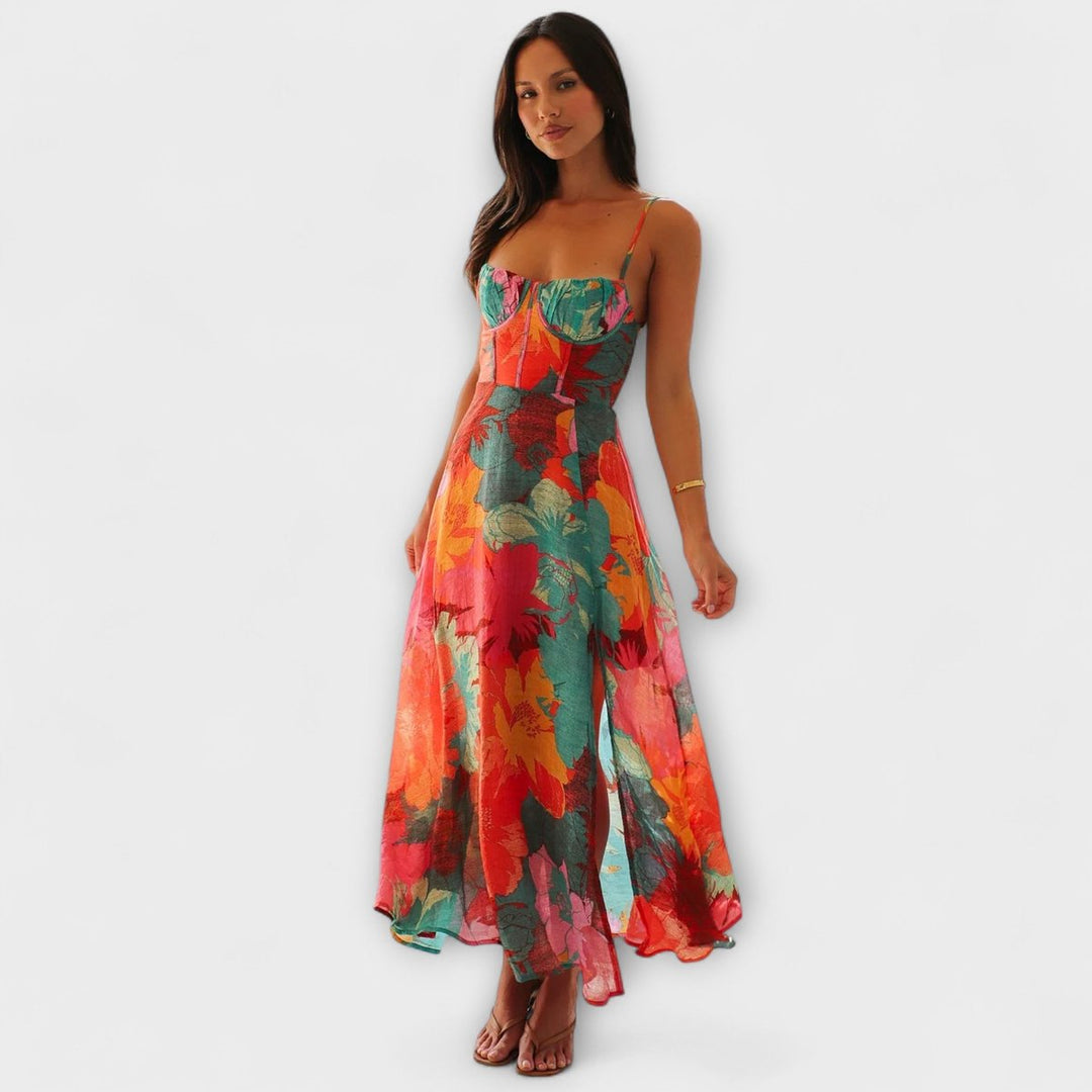 Vestido largo floral para mujer, ideal para fiestas y eventos de verano. Diseño tropical con escote cuadrado.