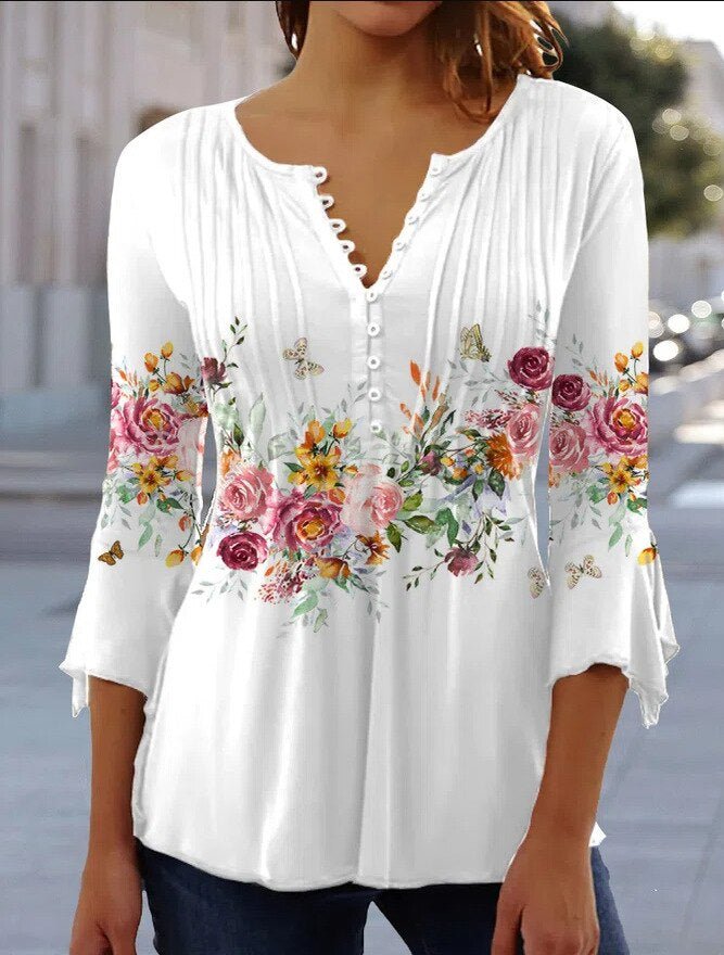 Blusa floral Henley elegante para mujer, estilo casual de primavera y verano.