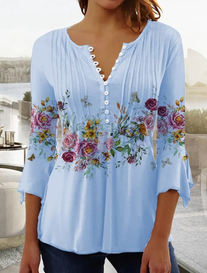 Blusa Henley floral de mujer, versátil para un estilo casual chic de verano.