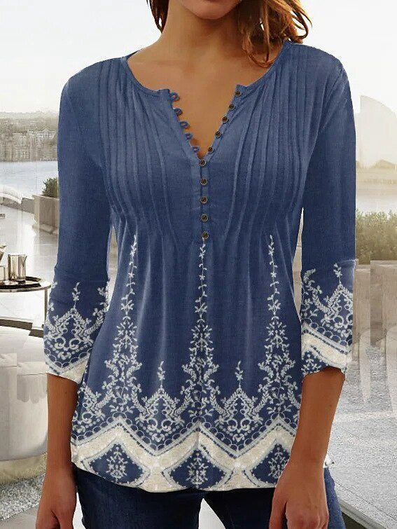 Blusa floral de mujer, ideal para primavera-verano, estilo Henley y casual.