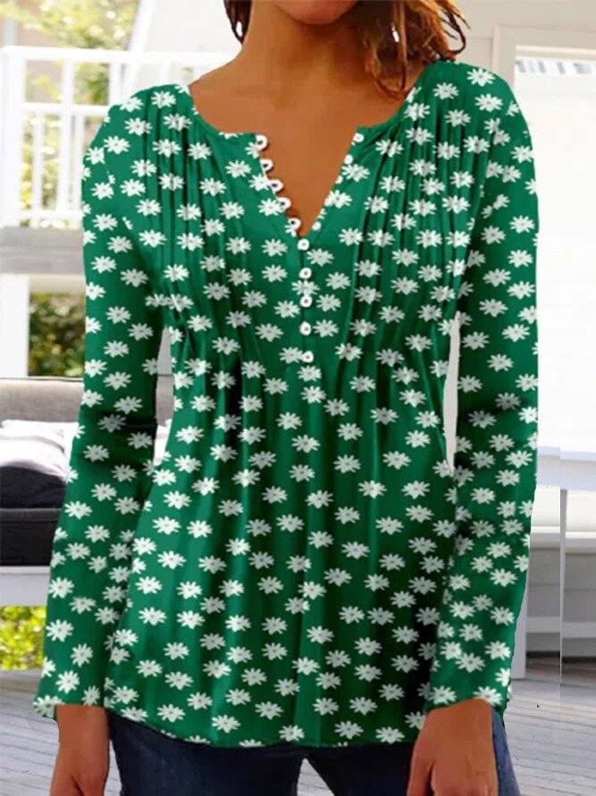 Blusa elegante de mujer con estampado floral y cuello Henley, moda de verano.