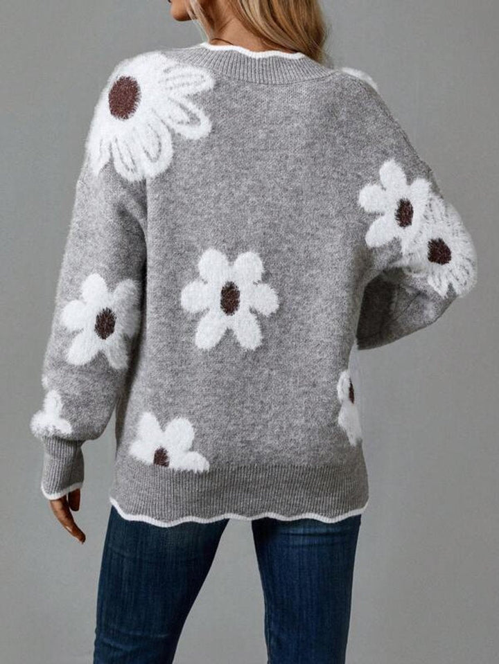 Suéter caqui de punto floral para mujer, escote en V. Moda femenina cómoda con diseño de margaritas.