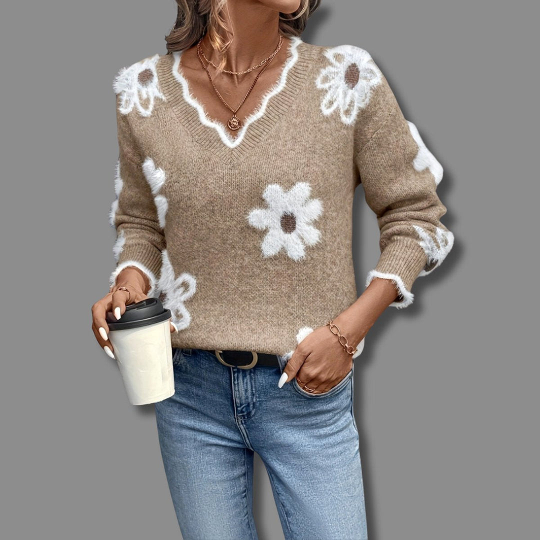 Jersey de punto gris para mujer, patrón floral de margaritas, escote en V. Ropa casual femenina.
