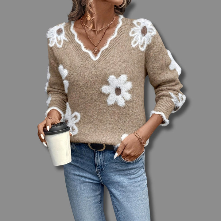 Jersey de punto gris para mujer, patrón floral de margaritas, escote en V. Ropa casual femenina.