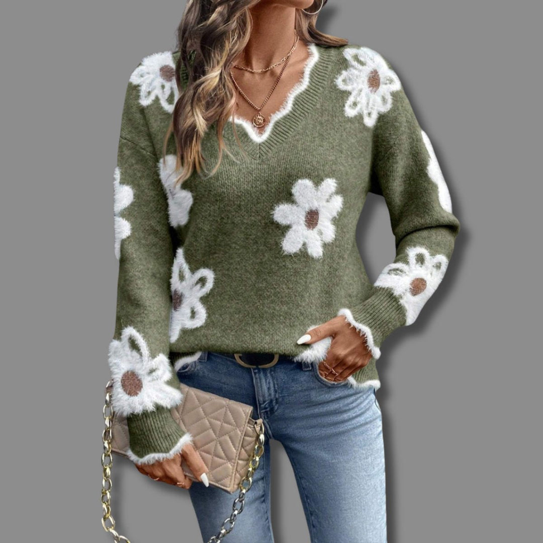 Suéter elegante de punto con flores y escote V para mujer. Ideal para moda de otoño y estilo chic.