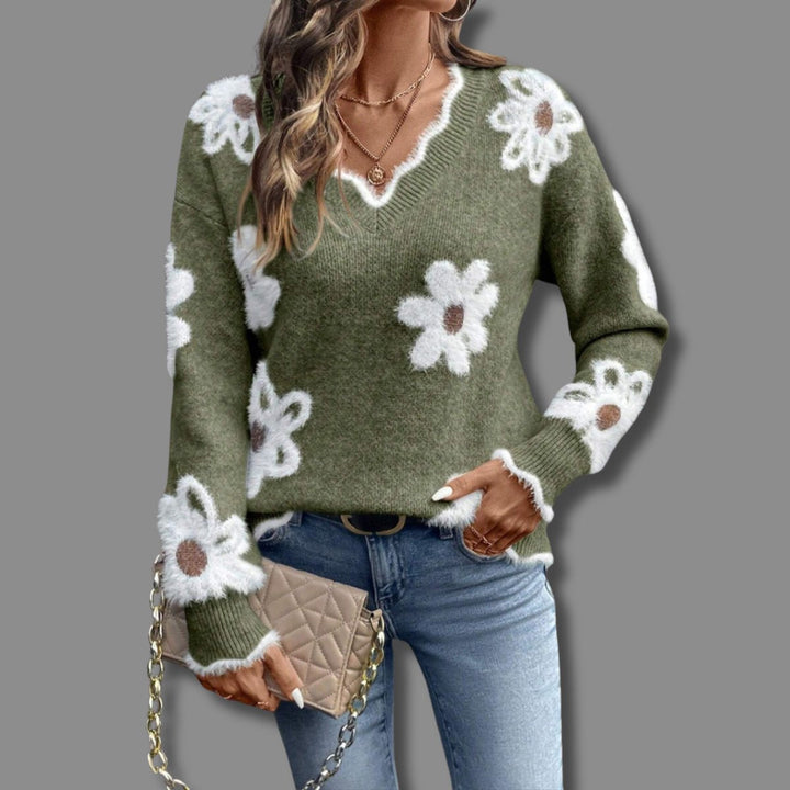 Suéter elegante de punto con flores y escote V para mujer. Ideal para moda de otoño y estilo chic.