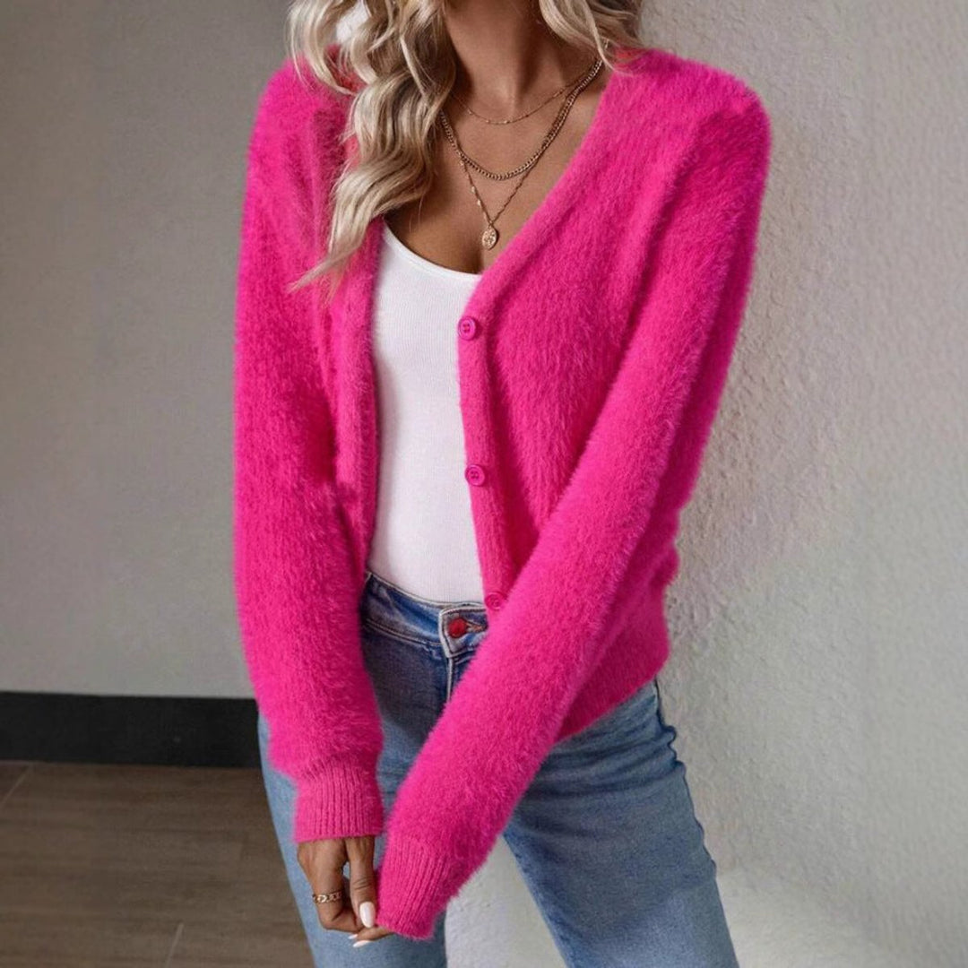Cárdigan femenino de punto peludo, cuello V. Confortable y suave, ideal para estilo casual.