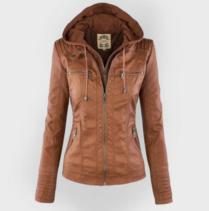 Chaqueta moto mujer, estilo urbano con capucha. Ideal para otoño/primavera, moda casual y versátil.