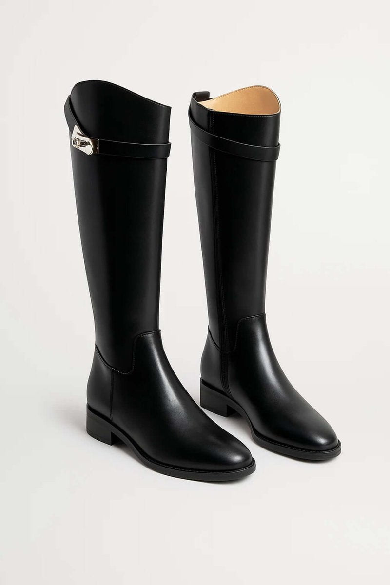 Botas de montar mujer elegantes y cómodas con hebilla, en negro y beige. Perfectas para otoño/invierno, tacón bajo.