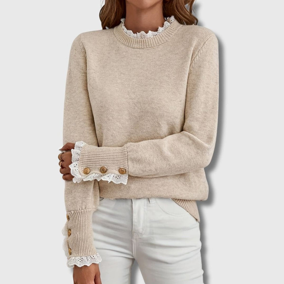 Suéter de punto beige para mujer con detalles de encaje y botones. Ideal para otoño/invierno, estilo elegante y casual.