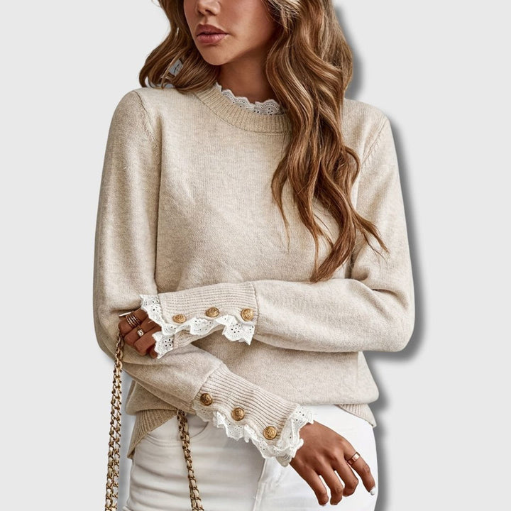 Suéter de mujer beige con diseño de encaje y botones, estilo casual-elegante. Ideal para moda femenina de otoño.