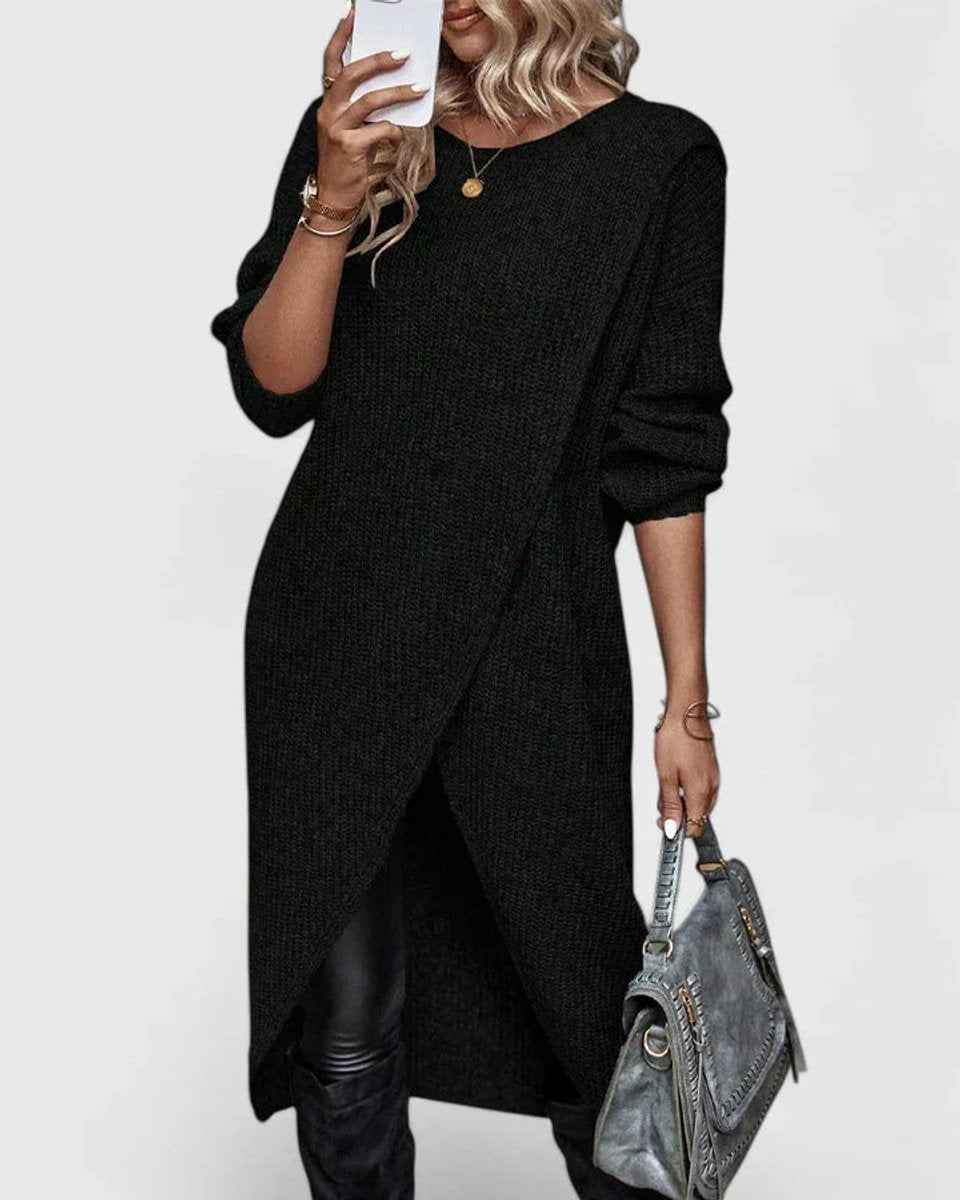 Suéter de mujer manga larga con bajo asimétrico. Estilo único y moda femenina para otoño e invierno.