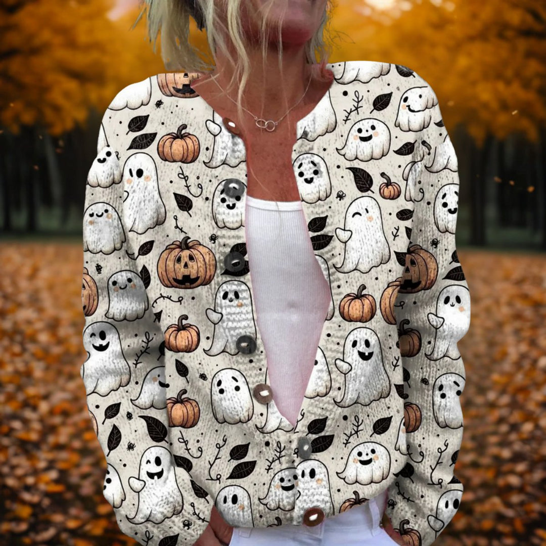 Cárdigan abierto de mujer con estampado festivo de Halloween: calabazas y fantasmas. Ideal para otoño, cómodo y casual.