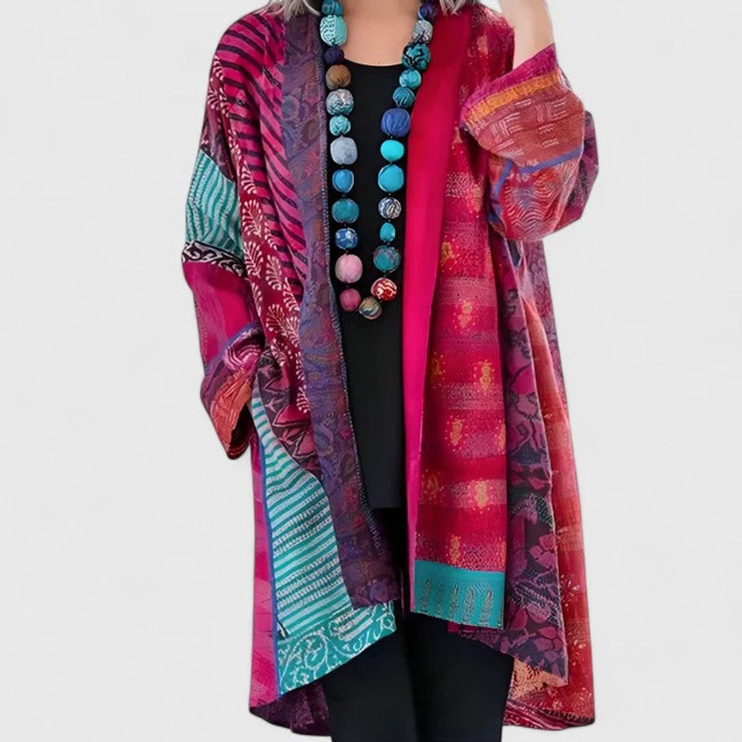 Chaqueta cárdigan larga para mujer, estilo patchwork único. Prenda cómoda y versátil de moda femenina.
