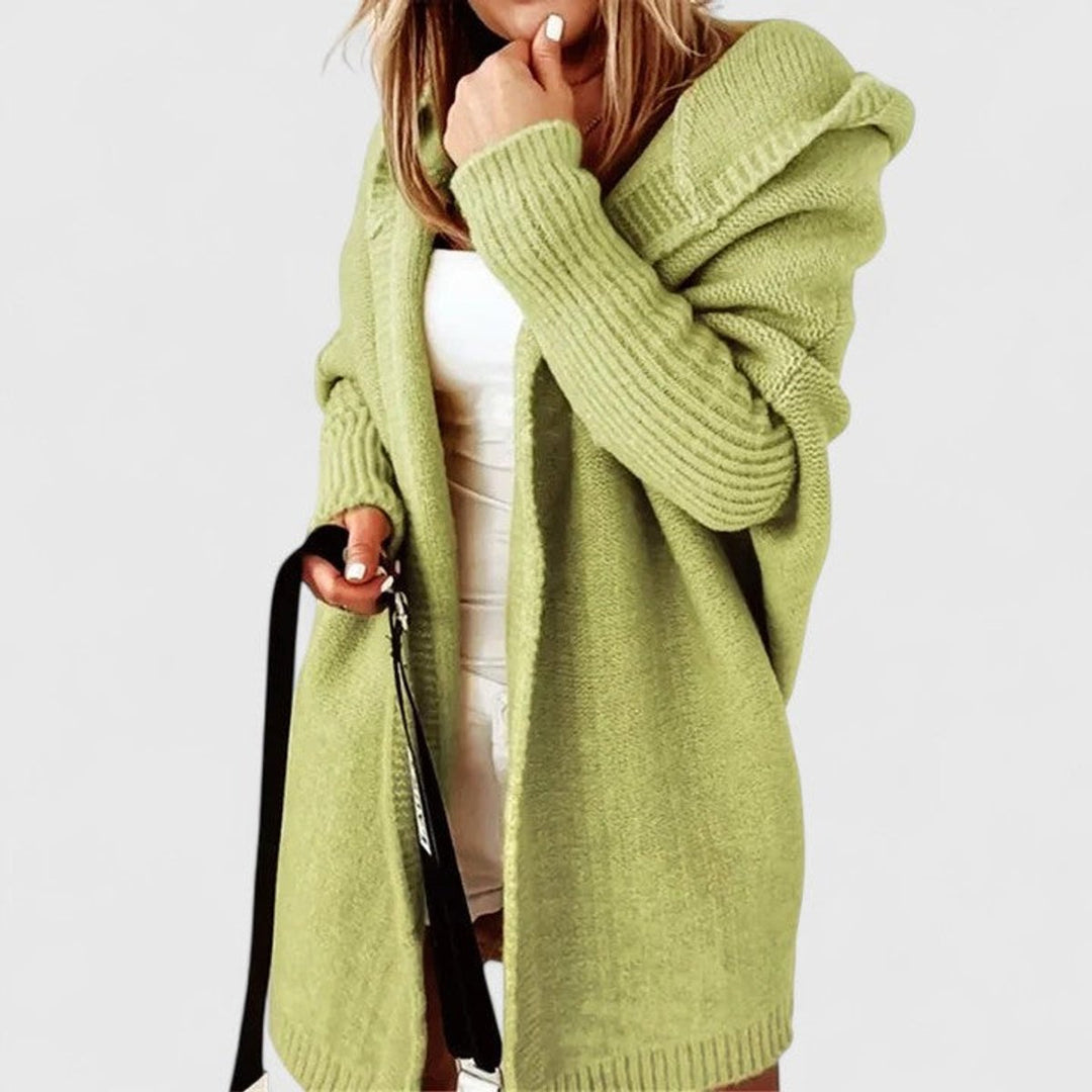 Cárdigan extragrande de punto para mujer con capucha, diseño abierto y casual, perfecto para moda cómoda.
