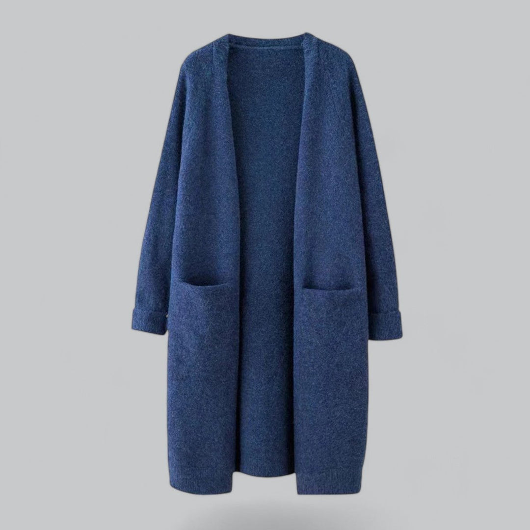 Cárdigan de cachemira premium para mujer, diseño largo y abierto para un look moderno de otoño-invierno.