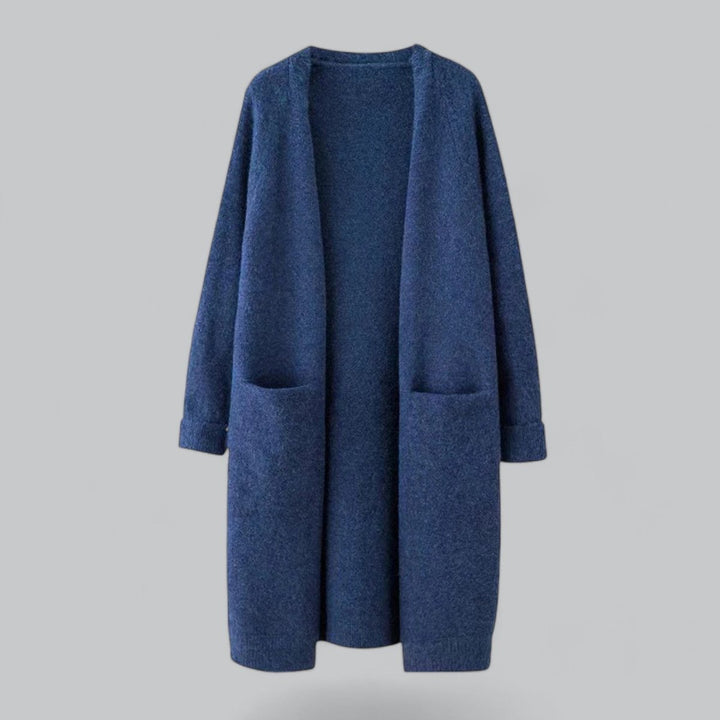 Cárdigan de cachemira premium para mujer, diseño largo y abierto para un look moderno de otoño-invierno.