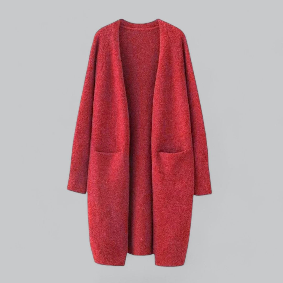 Elegante cárdigan largo de mujer de cachemira, diseño abierto que aporta sofisticación a tu atuendo de otoño.
