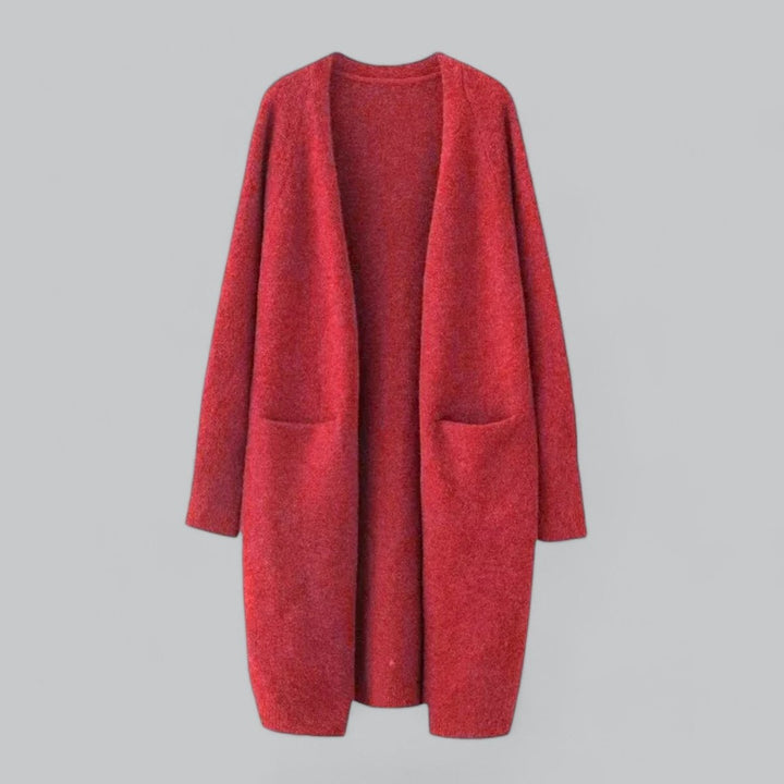 Elegante cárdigan largo de mujer de cachemira, diseño abierto que aporta sofisticación a tu atuendo de otoño.