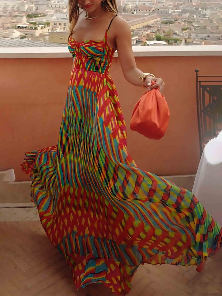 Vestido maxi de mujer con vibrante estampado abstracto multicolor. Estilo sin mangas y corte A favorecedor, ideal para verano.