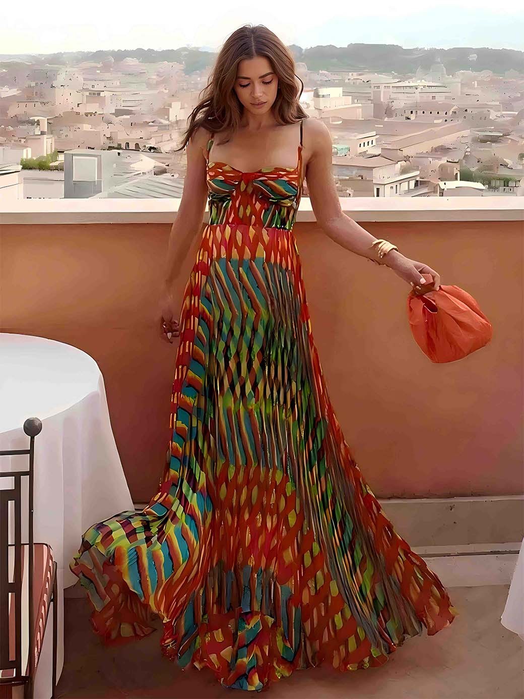 Vestido maxi de mujer sin mangas con estampado abstracto. Corte A fluido, cómodo y versátil para fiesta, verano o casual.