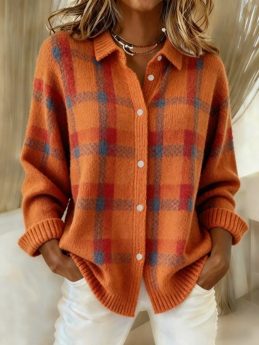 Chaqueta cárdigan oversize de punto para mujer, diseño moderno de cuadros, ideal para invierno casual.