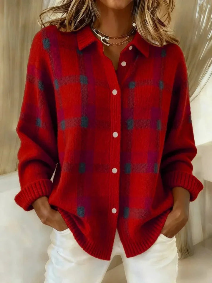 Cárdigan de punto grueso para mujer, estilo oversize con patrón de cuadros, perfecto como abrigo de moda.
