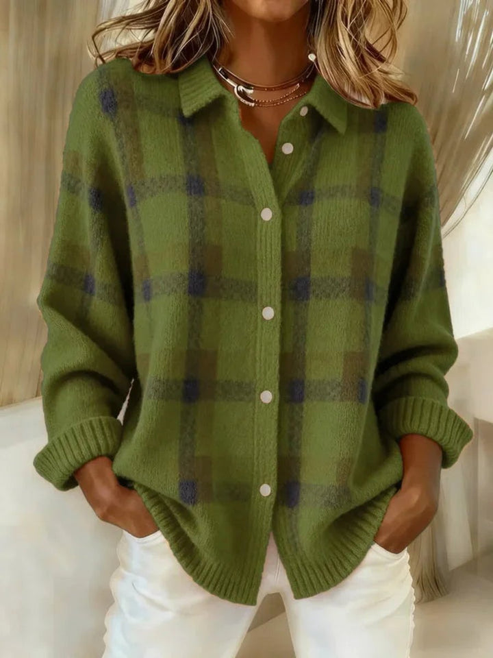 Chaqueta de punto a cuadros oversize para mujer, cárdigan moderno y casual de invierno.