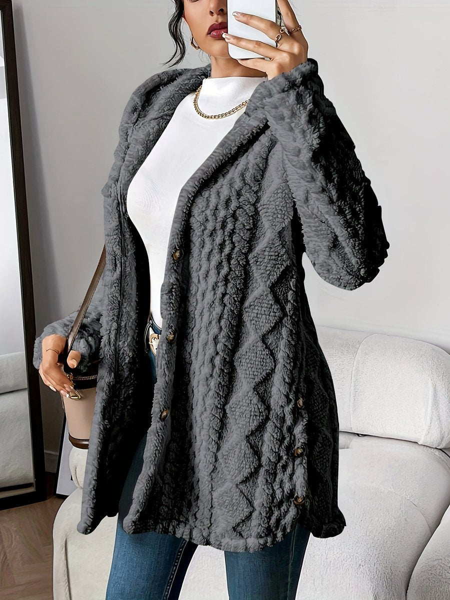 Abrigo cálido y cómodo para mujer: cárdigan afelpado con capucha, estilo moderno y casual.