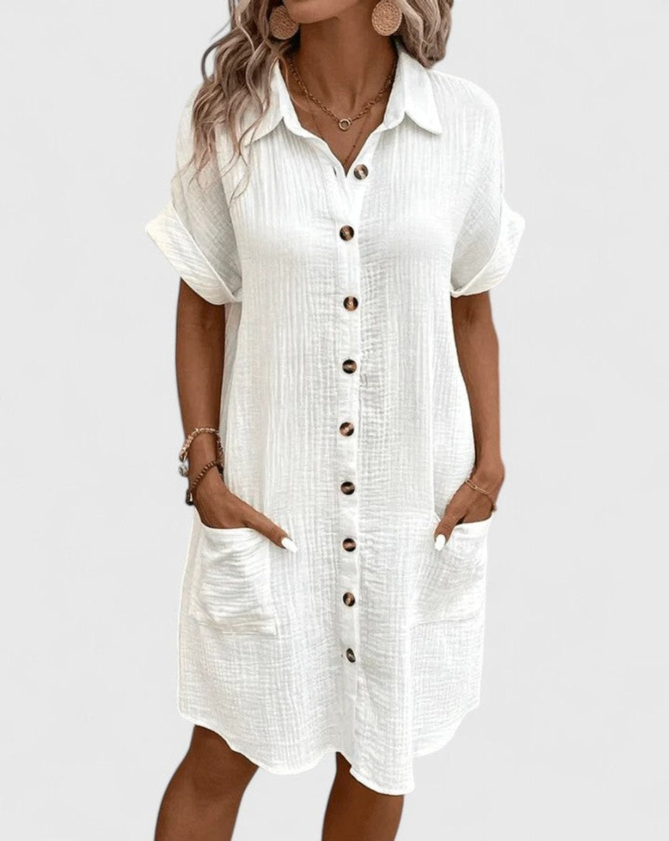 Vestido camisero de mujer, tejido de algodón fresco y holgado. Estilo elegante y casual de verano.